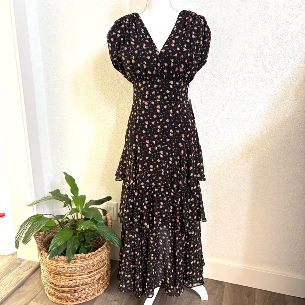 WAYF New Black Floral Tiered Maxi Dress S
